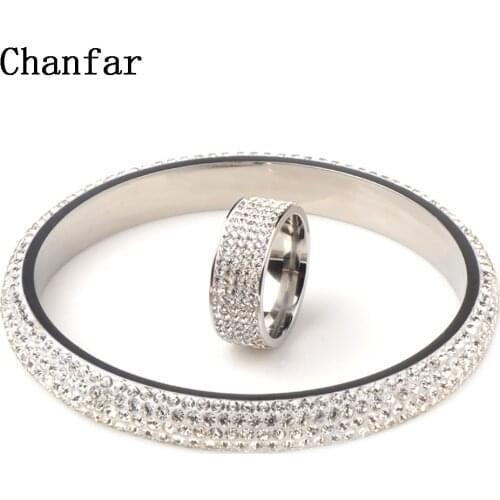 Chanfar Fashion Colorful Jewelry Sets Crystal Stainless Steel Bangle & Ring For Bridal Wedding Women Party Jewelry Gift