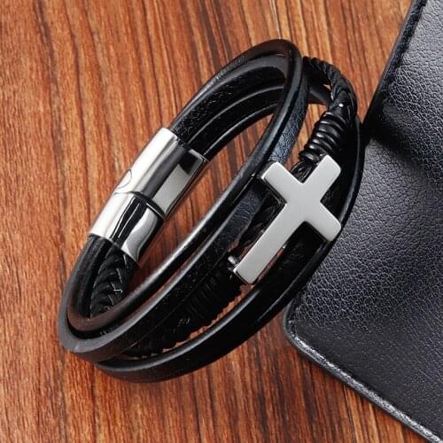 Cross Style Multi Layer Design Stainless Steel Fashion Mens Leather Bracelet Classic Gift For Men 2 Different Styles Choose