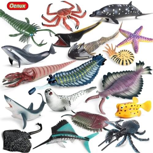 Oenux Sealife Animals Anomalocaris Opabinia Dolphin Crab Shark Ray Fish Model Action Figures Aquarium PVC Educational Kid Toys