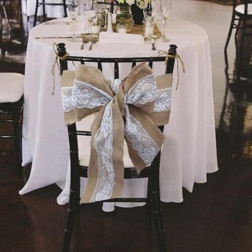 15x240CM Naturally Elegant Burlap with Lace Tirm Chair Sashes Jute Chair Tie Bow for Rustic Wedding Decoration Free Shipping