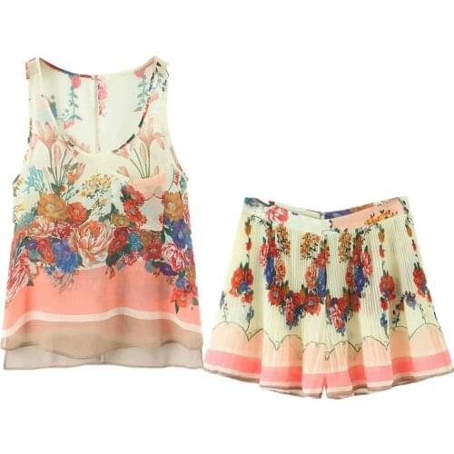 2 piece sets womens outfits summer new fashion floral vest top + high waist pleated casual shorts two piece set top and pants