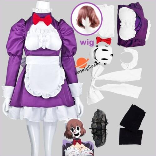 Anime High-Rise Invasion Maid-fuku Kamen Cosplay Costume Brown Wig Maid outfit Purple Suit Face Cover Halloween Party Girl Women