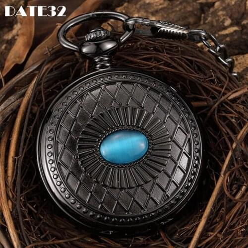 Mechanical Pocket Watch Antique Skeleton Dial Fob Chain Hanging Blue Diamond Style Clock with Gift Box for Men Dropshipping