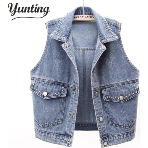 Fashion Beaded Chic Denim Vest Female Spring Autumn Sleeveless Wild Tops Short Jacket Women denim Jeans jacket Waistcoat