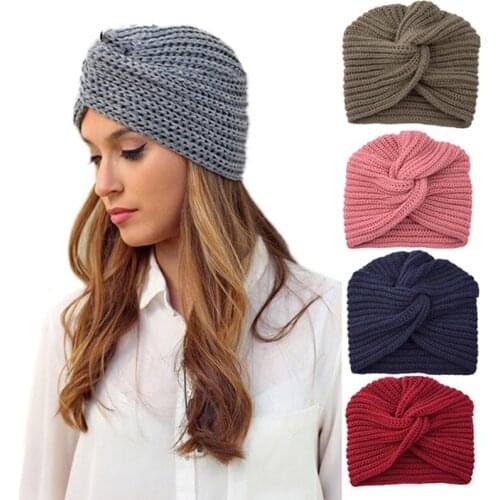 Winter Women Hats Solid Color Knitted Caps Inner Hijab Turban Cross Wrap Head Indian Hat Wool Bonnet Turbante Cap Bow Casual