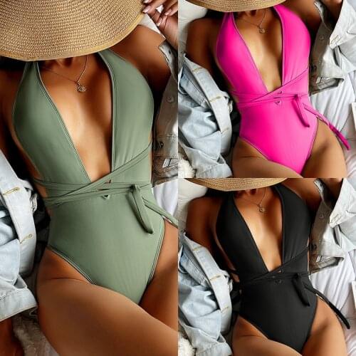 New One-piece Swimsuit Women Deep V neck Back Cutout Bandage Brazilian Monokini 2021 Summer Bathing Suit Solid Swimwear Female
