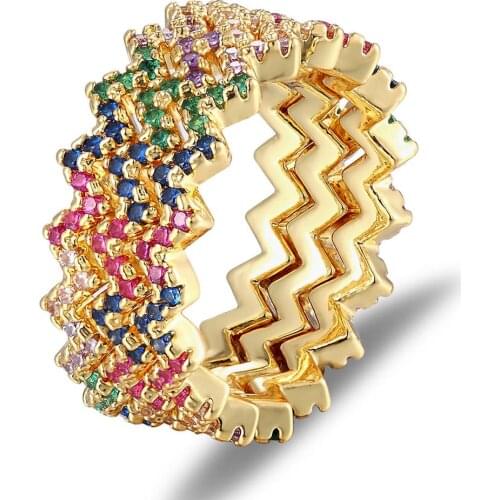 New Design Women Copper CZ Gold Color Rainbow Rings Geometry Zirconia Wedding Bands For Party Gift Charm Rhinestone ins Jewelry