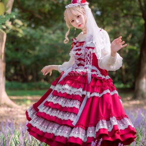 Original lolita palace style strap dress loli jsk princess spliced lace cascading ruffled red classical sleeveless dress y896