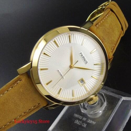 PARNIS Sapphire Glass Auto Date White Dial 41mm Gold Watch Case Leather Strap Automatic Movement