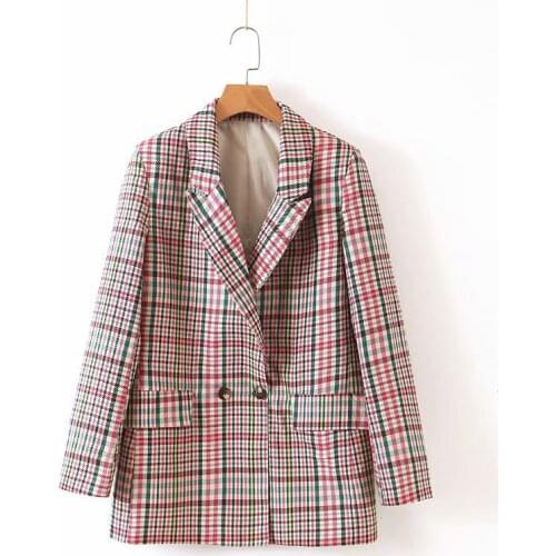 Women Double Breasted Blazers Fashion Plaid Casual Jackets Women Elegant Long Sleeve Suits Female Ladies