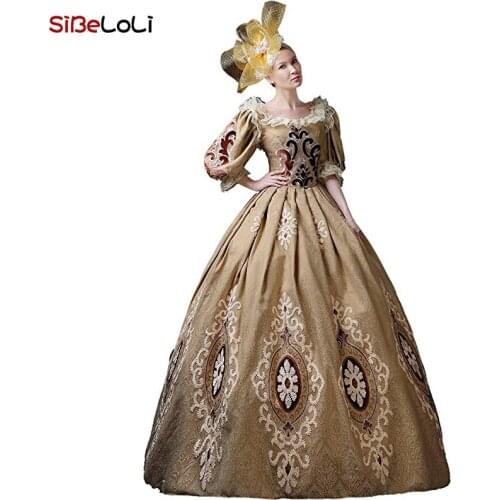 Gold Embroidery 18th Century Rococo Gothic Marie Antoinette Victorian Party Dress Medieval Period Theater Costumes For Women