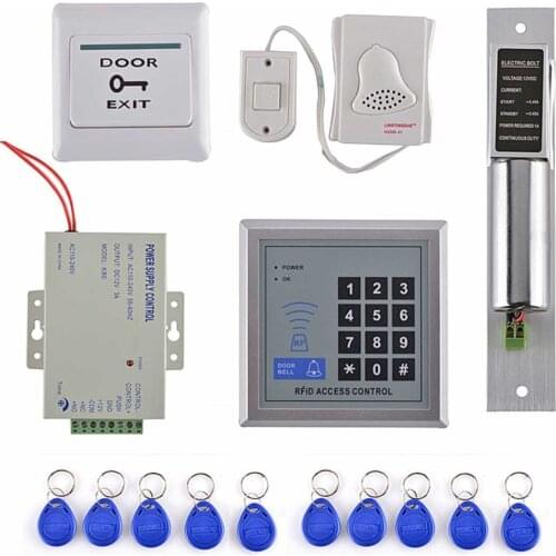 RFID Door Access Control System Kit + Electric Lock+Exit button+10 pcs Key ID Card+DoorBell+Power Supply for Home/Office/Factory