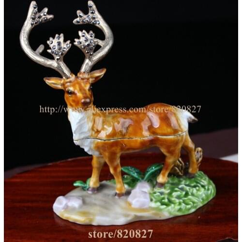 Christmas Deer Jeweled Trinket Boxes Reindeer-shaped Pill Box Enameled Pewter Bejeweled Stag / Deer / Buck Trinket Box