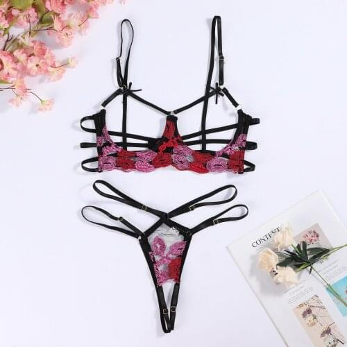 Sexy Bandage Bra Brief Sets Ladies G-string Red Mouth Embroidery Bralette Cupless Lace Bra Bustier Women Lingerie Set Underwear