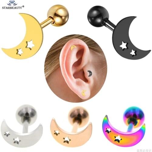2 pcs/lot 1.0x6mm Hot Star Moon Cartilage Earrings Stud Helix Piercing Tragus Piercing Oreja Pircing Orelha Ear Piercing Jewelry