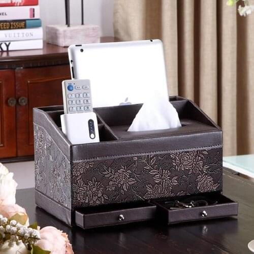 Vintage PU Leather Multifunctional Desktop Remote Control Storage Tissue Box