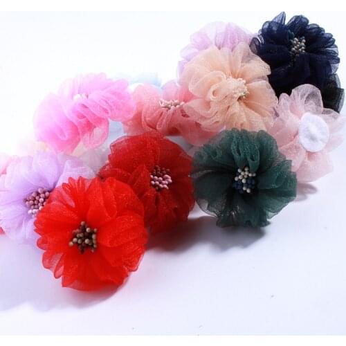 200PCS 5.5CM Fashion Silk Soft Fabric Flower With Stick Center Flora Hair Flowers For Women Hairpins Hair Accessories U Pick