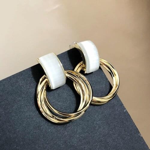 Korean Geometric Earrings For Women Trendy Girls Simple Round Opal Earring Jewelry Accessories Fashion Gold Brincos 2021