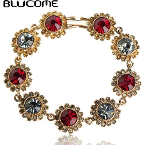 Blucome Vintage Women Lady Jewelry Flower Bracelets Zircon Rhinestone Bangles Pulseira Antique Gold Color Party Hand Accessories