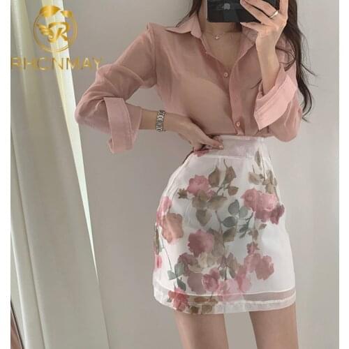 Women Summer 2 Piece Set Sexy Transparent Long Sleeve Pink Chiffon Shirt Top + High Waist Floral Print A Line Skirts Sets