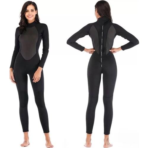 Womens Wetsuit Full 3mm Neoprene Surfing Scuba Diving Snorkeling Swimming Suit Solid Black/Grey Long Sleeve Wet Suit Back Zipper