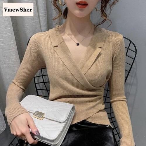 VmewSher Sexy V-neck Sweater Women Knitted Bottoming Shirt 2020 Autumn New Solid Slim Pullover Casual Long Sleeve Soft Jumper