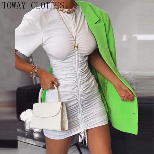Women Summer Short Sleeve Solid Drawstring Bodycon Dress Elegant Bodycon Sexy Mini Party Dress