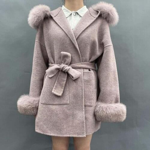 2021 Winter Short Cuff With Fox Hair Cashmere Coat Hooded Fashion Women Wool Outwear Solid Color Coat With Belt