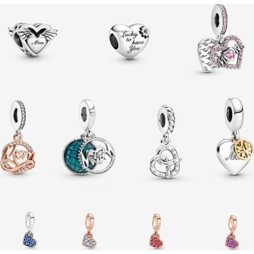 Mothers Day 100% 925 Sterling Silver Beads Pretzel Two-tone Family Tree Glitter Globe Angel Wings & Mom Heart Dangle Charm