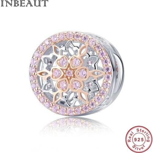 INBEAUT 925 Sterling Silver Elegant Pink Heart Cubic Zirconia Rose Gold Clover Beads Charm fit Brand Bracelet Christmas Gift