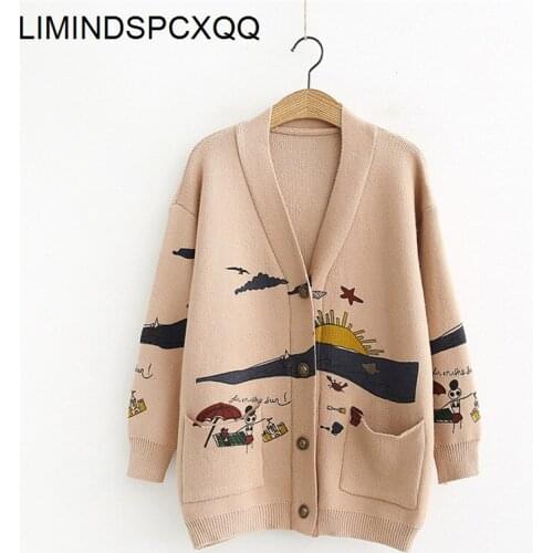 Cardigan Sweater Womens Autumn And Winter New Loose Cute Print Joker Long Sleeve Womens Knitted Jacket Sweaters Oversize 2021