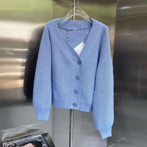 High Quality Cardigan Jackets 2021 Autumn Winter Women Sexy V-Neck Button Front Long Sleeve Casual White Blue Knitted Cardigan