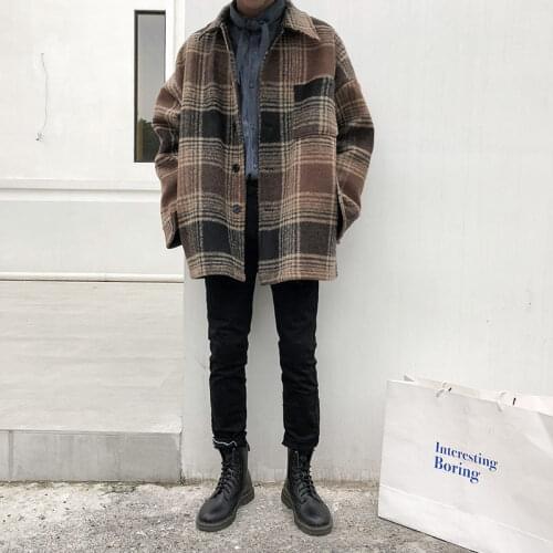 Plaid Woolen Coat Mens Fashion Retro Casual Woolen Jacket Men Streetwear Wild Loose Korean Long Woolen Coat Mens Overcoat