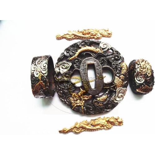 A Suit Of Copper Tsuba Guard for Japanese Samurai Sword Katana W/ Gilt Dragon @2042