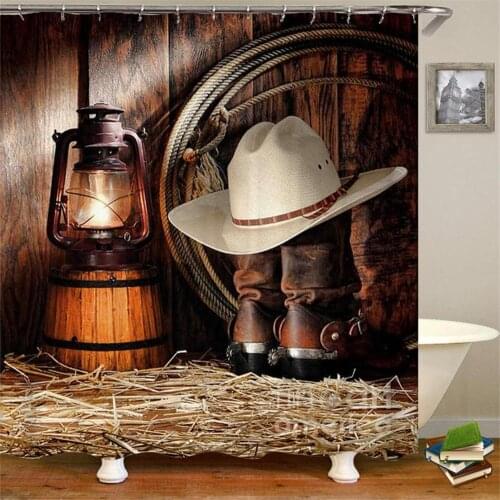 Dafield Western Shower Curtains West Rodeo Cowboy Boots and Hat Rustic Old Wooden Barn Door Texas Star