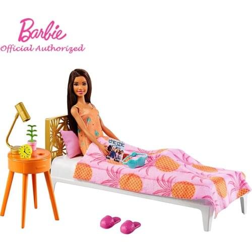 Barbie Doll And Bedroom Indoor Furniture Kid Toy Playset 12-Inch Girl Wearing Pajamas Cloth Accessories GRG86 For Children Gift