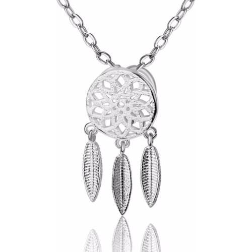 Hot Sale Fashion Dreamcatcher Shape 925 Sterling Silver Leaf Tassel Hollow Flower Dreamcatcher Pendant Necklace Lover Best Gift