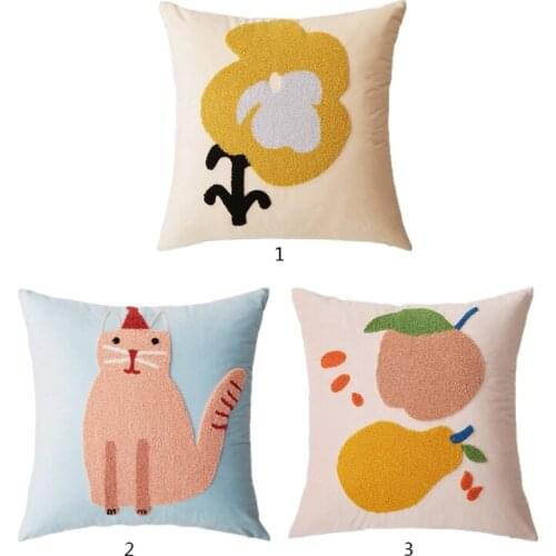 Minimalist Woven Tufted Throw Pillow Case Boho Cute Multicolor Cartoon Flower Cat Fruit Pattern Decorative Square Cushion