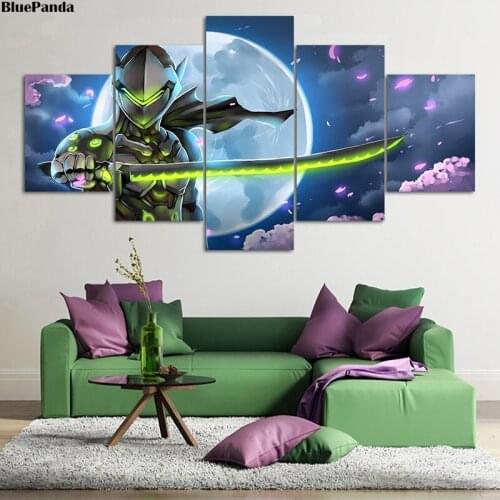 Overwatches Game Genji Poster Wall Art Anime 5 Pieces Canvas Paintings Decoration Pictures Bedroom Home Decor