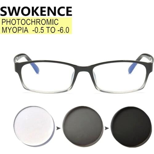 SWOKENCE Photochrom Myopia Glasses -0.5 to -6.0 Available Women Men Simple Design Prescription Spectacles For Nearsighted F045