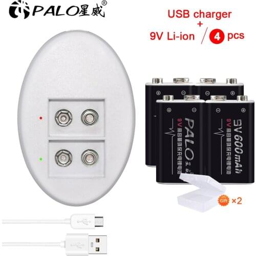 Palo 6f22 9V battery rechargeable 9V li-ion battery 600mah+usb fast 9V battery charger for 9V nimh li-ion rechargeable battery