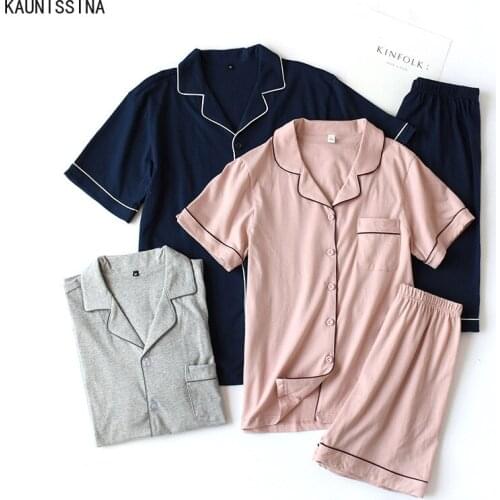 100% Cotton Couple Pajamas Womens Summer Short Sleeve Turn-down Collar Shirts Shorts Sleepwear Mens Pajama Homewear Set