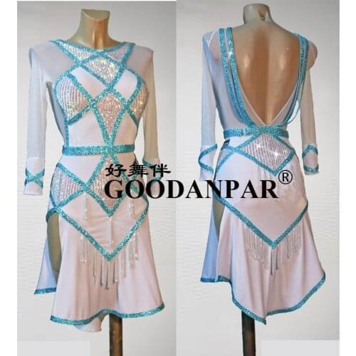 Fringe Latin dance dress latin sexy salsa dress ballroom dancng gown costume color white anc ligh blue Sunflower Dance Dress
