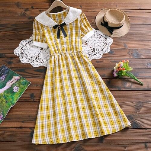 Japan style cute kawaii fashion summer plaid sweet dress new arrival bow short sleeve women vestidos