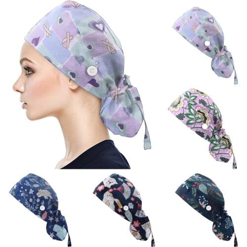 Working Scrub Cap With Buttons Comfortable Wearing Facemask Adjustable Bouffant Nurse Hat Hair salon Heath Care Enfermera FL50