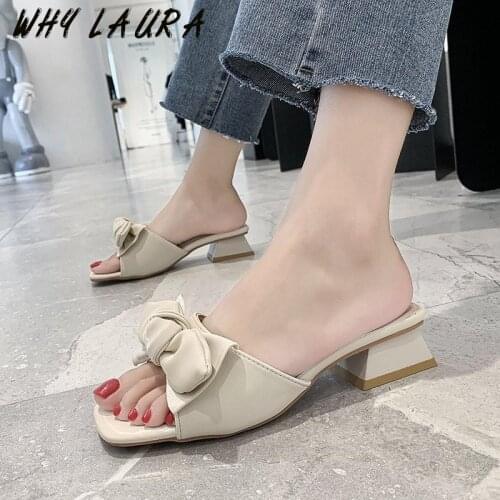 Lovely 2021 Women Summer Slipper Square Toe Slipper Square Heel Sandal Beach Flip-flops Loafers Lady