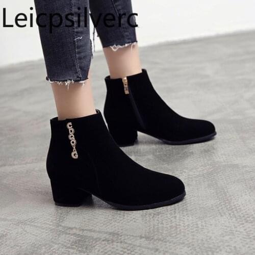 Womens Boots Autumn And Winter The New Round head zipper Crystal Thick heel mid heel Short tube Womens shoes plus size 32-52