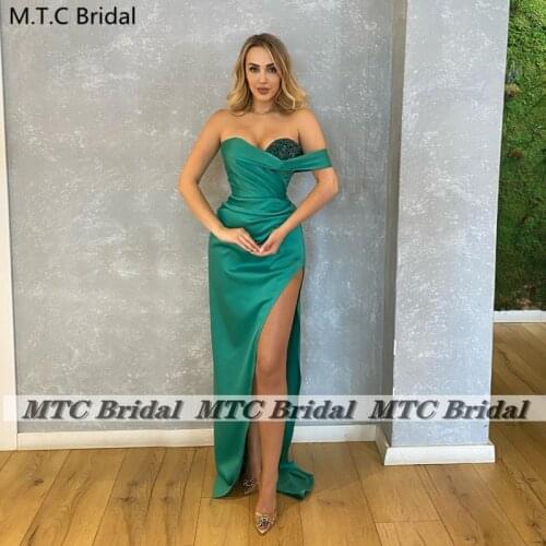 Sexy Emerald Green 2021 Prom Dresses Long Satin Sweetheart High Slit Beads Occasion Women Wedding Party Gowns Plus Size
