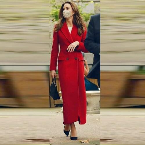 Kate Middleton Plus Size High Quality Elegant Formal Office Lady Workplace Redl Cashmere Woolen Long Overcoat