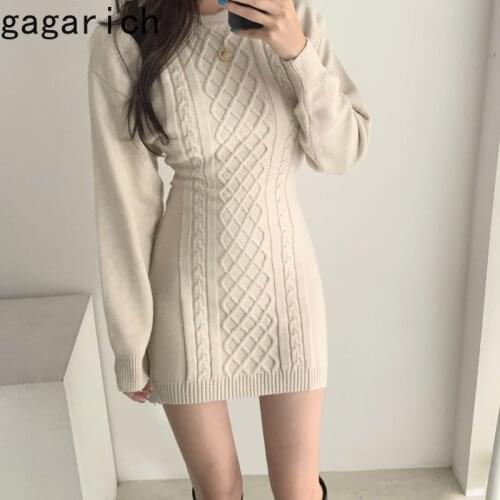 Gagarich Women Elegant Knit Dress Korean Style Sexy Open Waist Show Thin O Neck Sexy Bodycon Solid Vestidos De Mujer Fashion